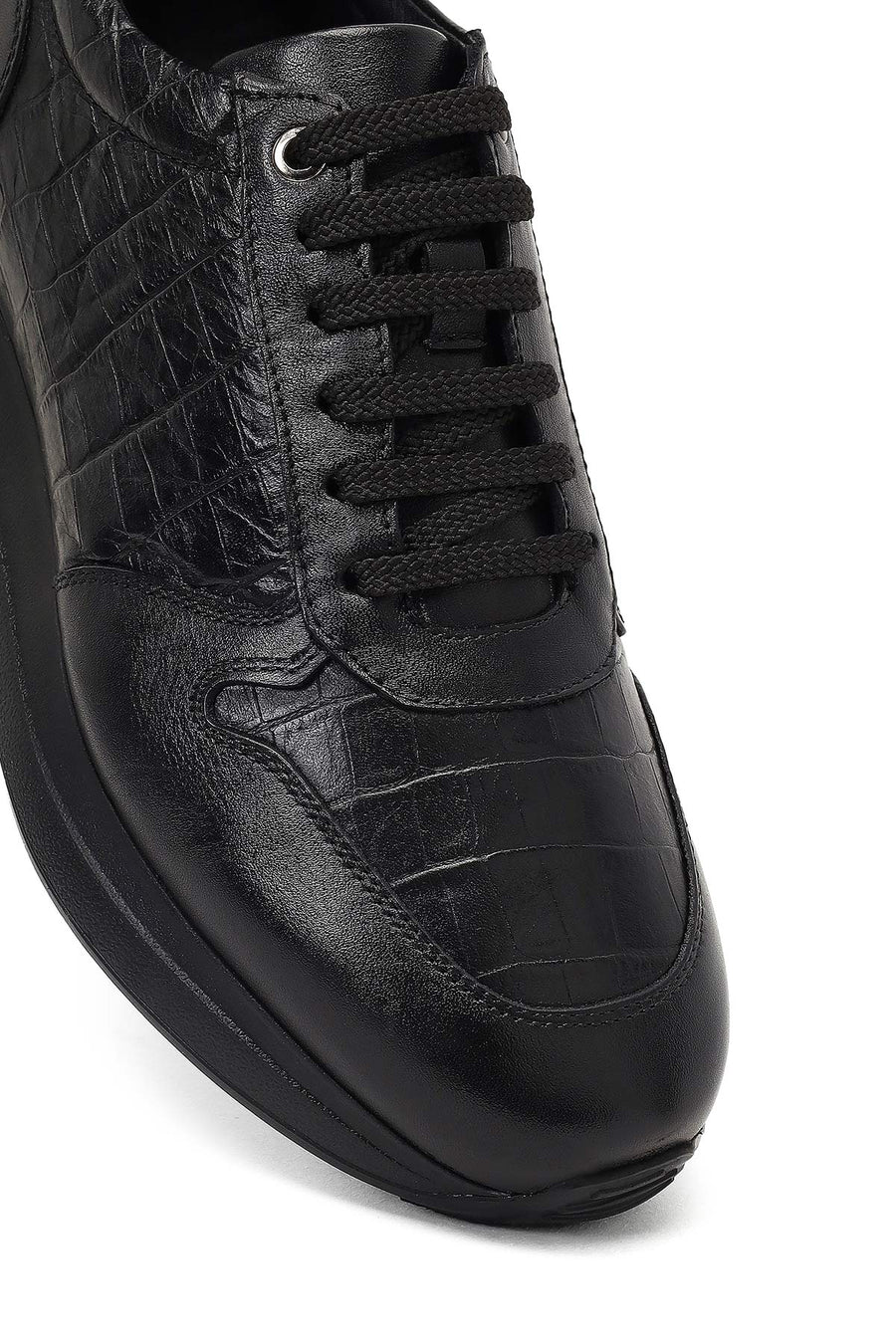 Erkek Siyah Bağcıklı Kalın Tabanlı Deri Sneaker