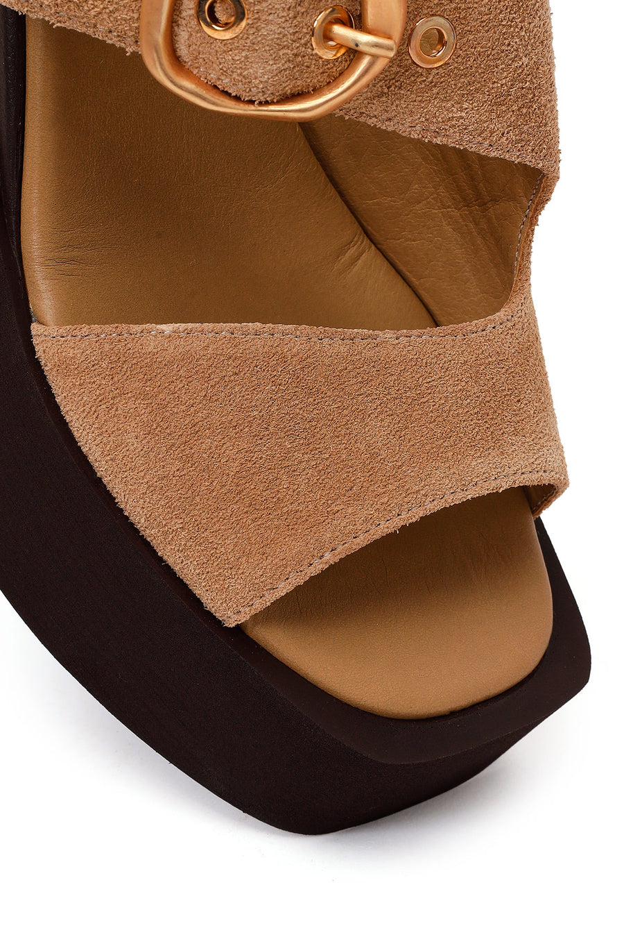 Woman Beige Buckled Wedge Heel Suede Slipper