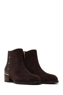 Woman Brown Zip Closure Crocodile Pattern Chunky Heeled Suede Boots | Derimod