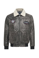 Hurricane Men's Grey Fur Collar Pilot Leather Jacket with Emblem | Derimod