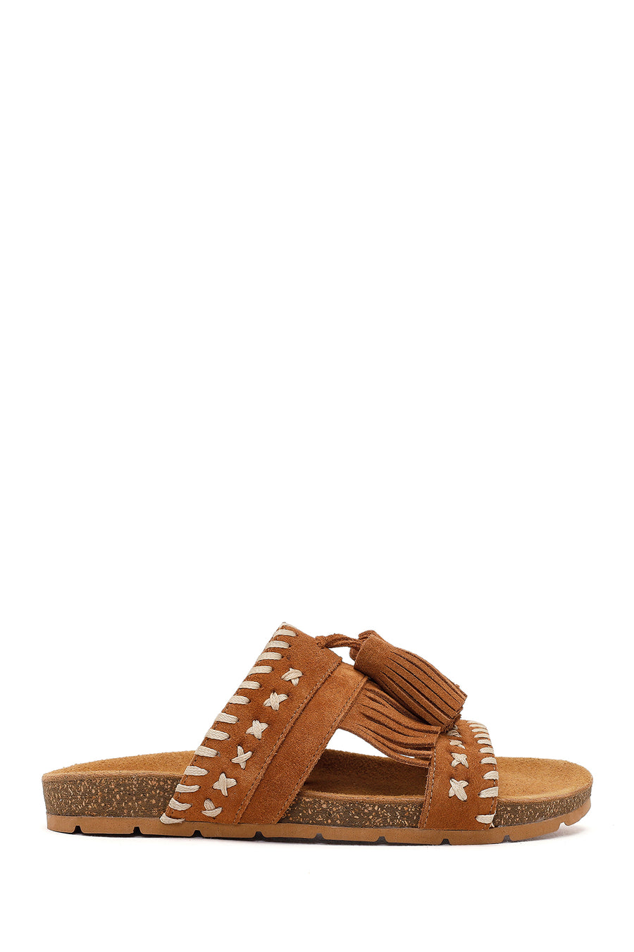 Women's Tan Tassel Suede Leather Slippers 26SFD221310 | Derimod