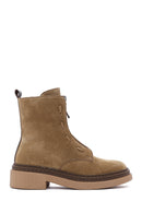 Women's Brown Suede Leather Zippered Flat Boots | Derimod