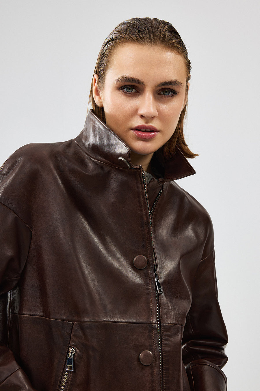 Dalida Women's Brown Oversize Leather Jacket