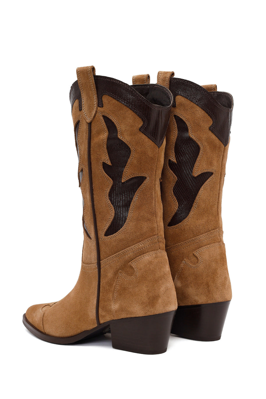 Woman Tan Chunky-Heel Suede Leather Cowboy Boots