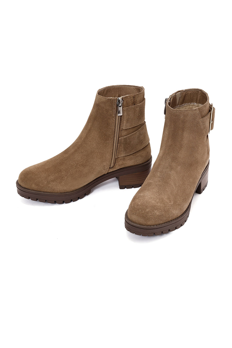 Women's Brown Zippered Thick Heel Suede Leather Boots