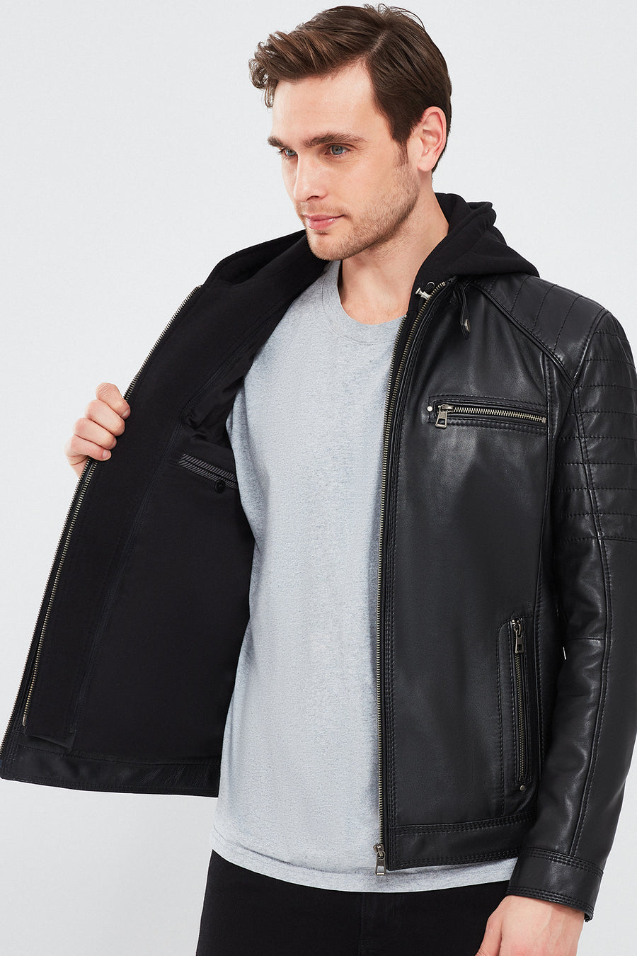 Sergio Men's Black Hooded Sports Leather Coat