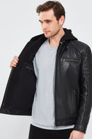 Sergio Men's Black Hooded Sports Leather Coat | Derimod