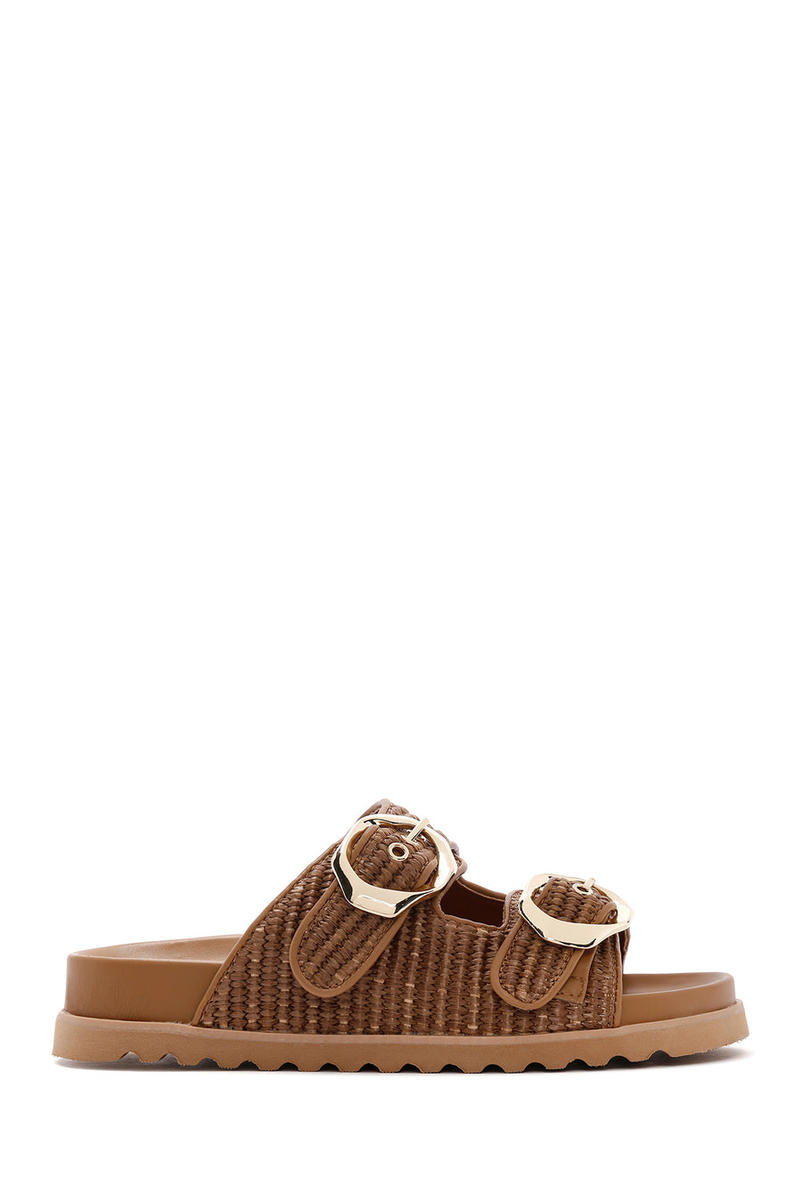 Women's Tan Double Buckle Straw Slippers 25SFD4402M7 | Derimod