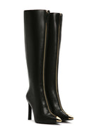 Women's Black Zippered High Thin Heeled Leather Boots | Derimod