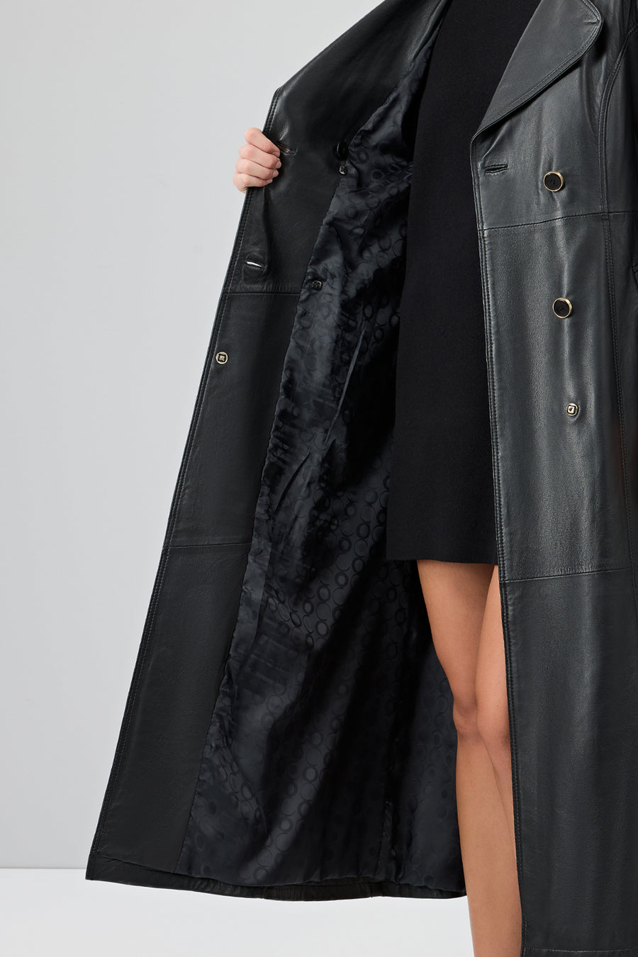 Jenny -X Women's Black Belt Detailed Leather Trench Coat
