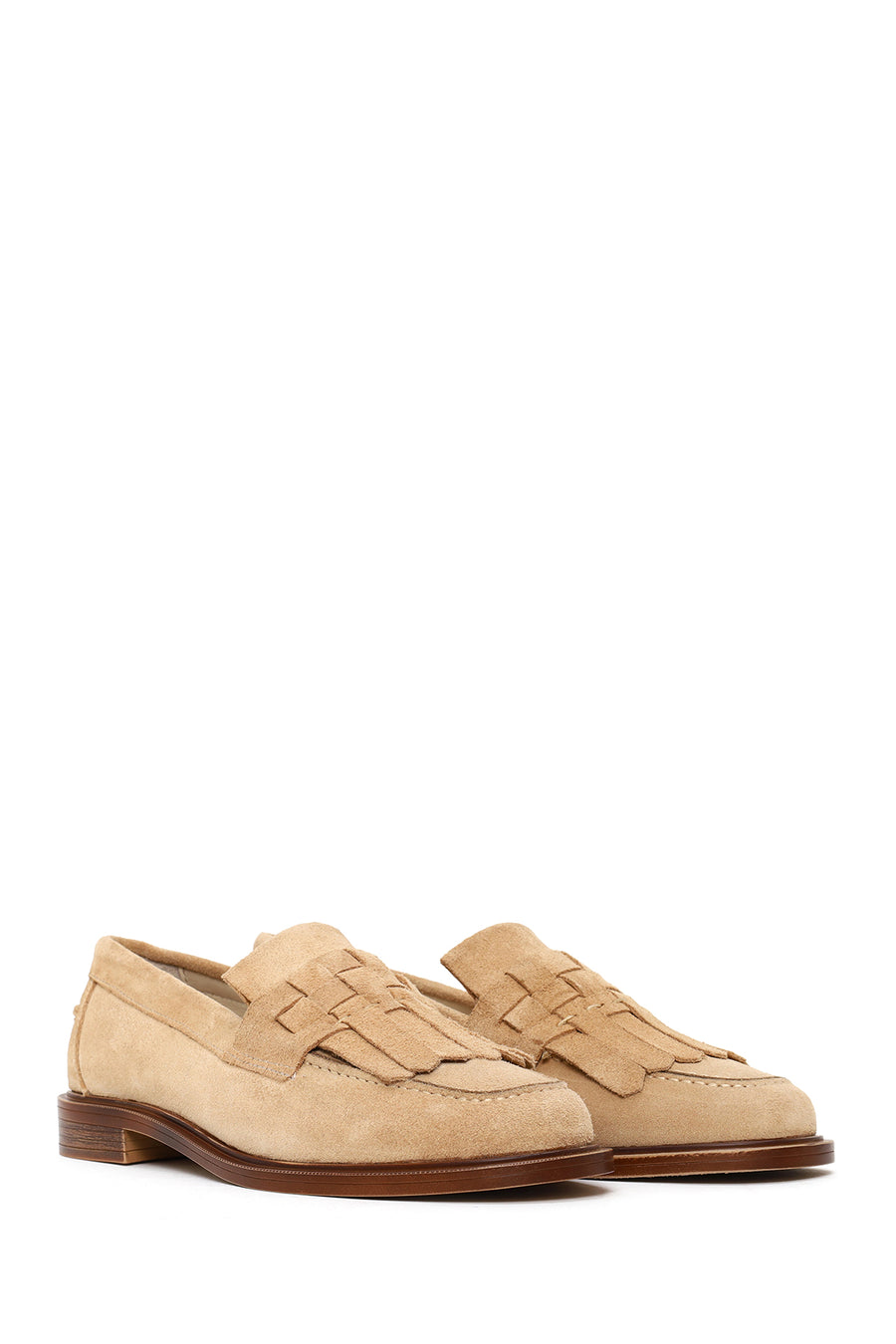 Woman Beige Tasselled Suede Leather Loafers