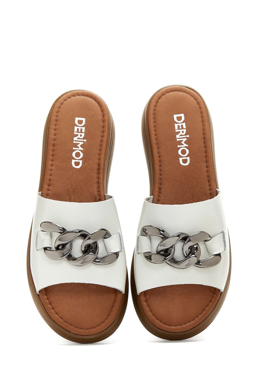 Women's White Thick Soled Leather Slippers