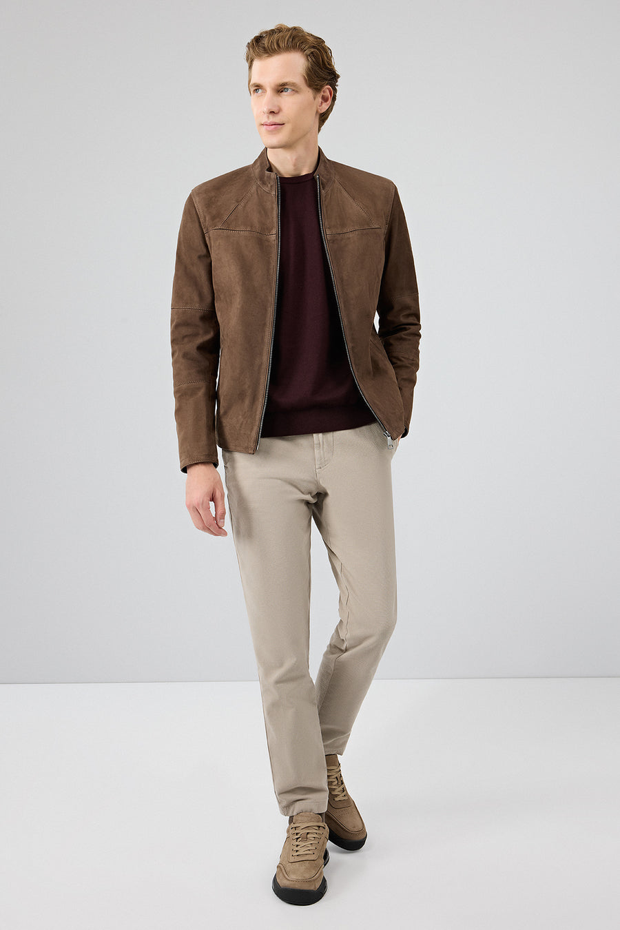 Neymar Men's Chestnut Man Collar Slim-Fit Suede Leather Jacket