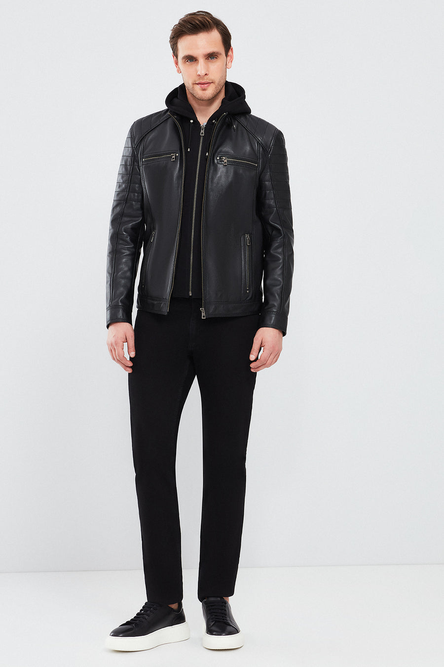 Sergio Men's Black Hooded Sports Leather Coat