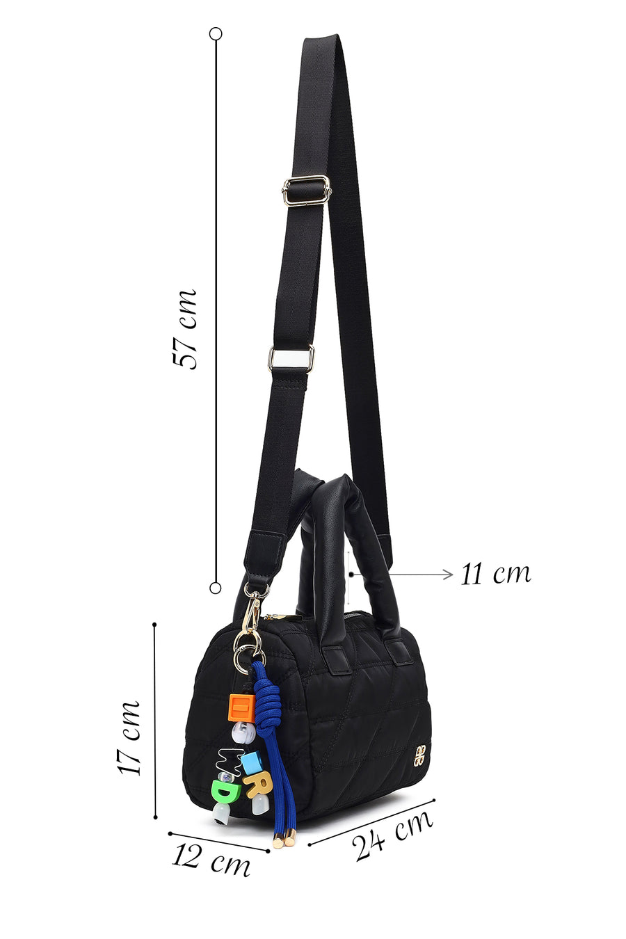 Woman Black Long-Strap Charm Fabric Shoulder Bag