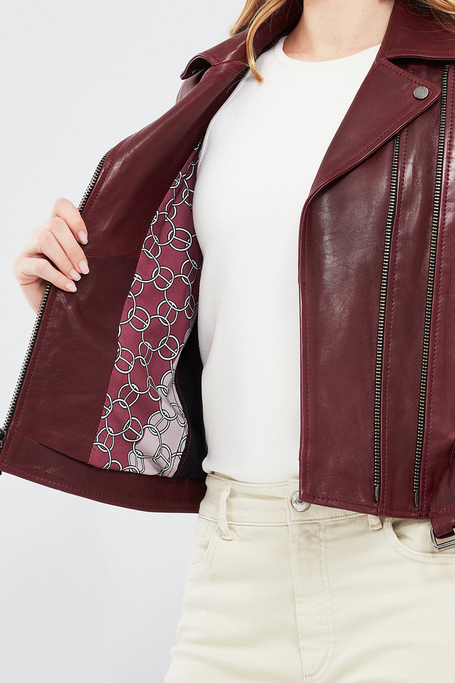 London Kadın Bordo Biker Deri Ceket
