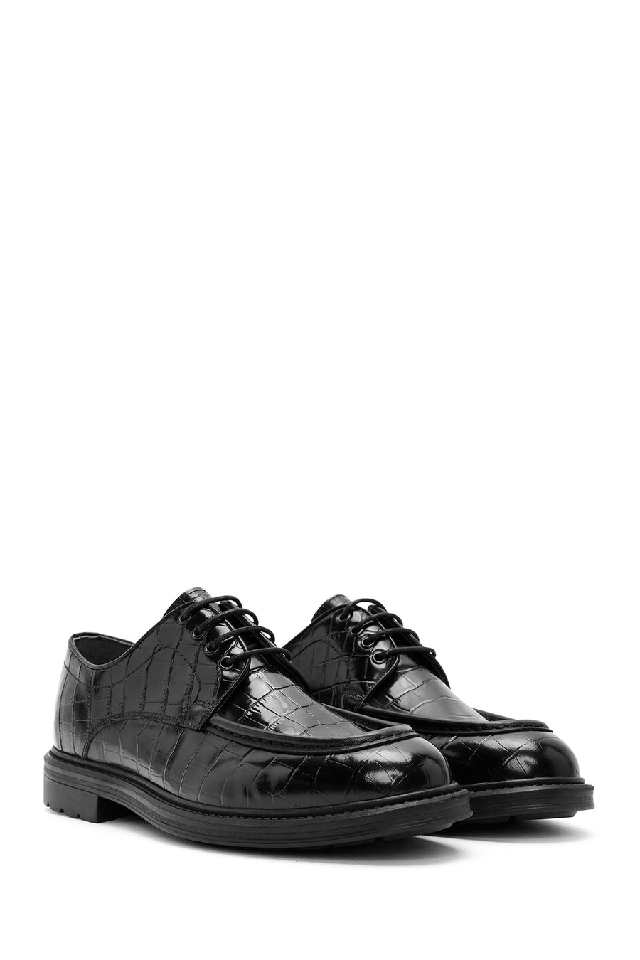 Men's Black Lace-Up Crocodile Patterned Leather Casual Shoes