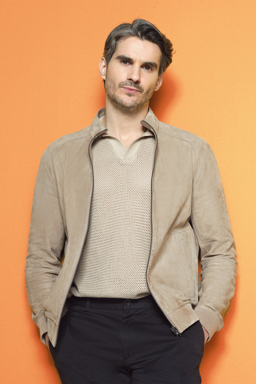 Suarez Men's Beige Mandarin Collar Suede Leather Jacket 25SGD6571RE | Derimod