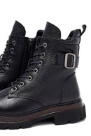 Woman Black Lace-Up Zip Closure Leather Combat Boots | Derimod