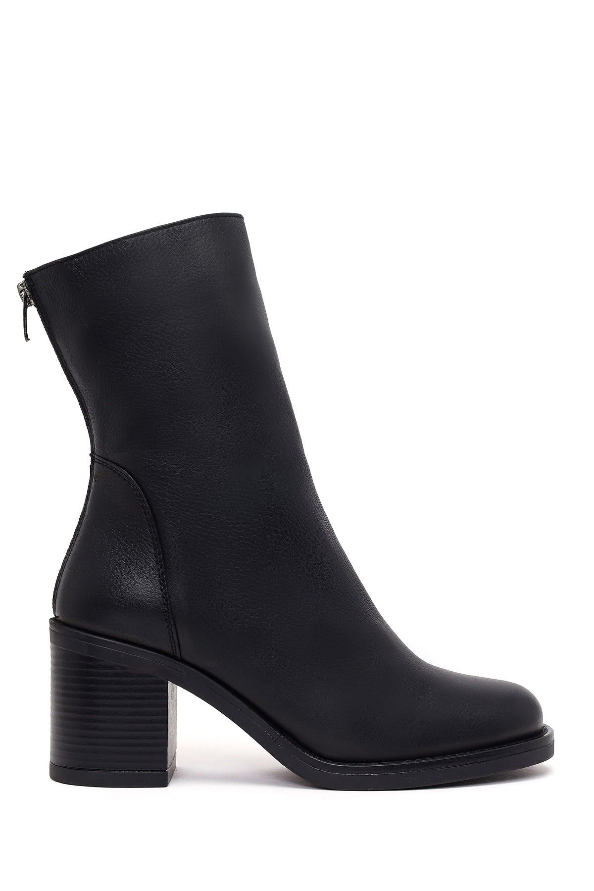 Woman Black Zip Closure Thick-Heeled Leather Boots WF220003DF | Derimod