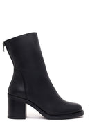 Woman Black Zip Closure Thick-Heeled Leather Boots | Derimod
