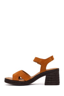Woman Tan Ankle-Buckle Chunky-Heel Suede Sandal | Derimod