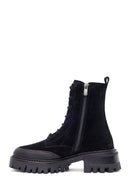 Woman Black Zip Closure Chunky-Heeled Suede Combat Boots | Derimod