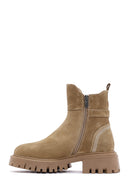 Women's Tan Suede Leather Buckle Zippered Boots | Derimod