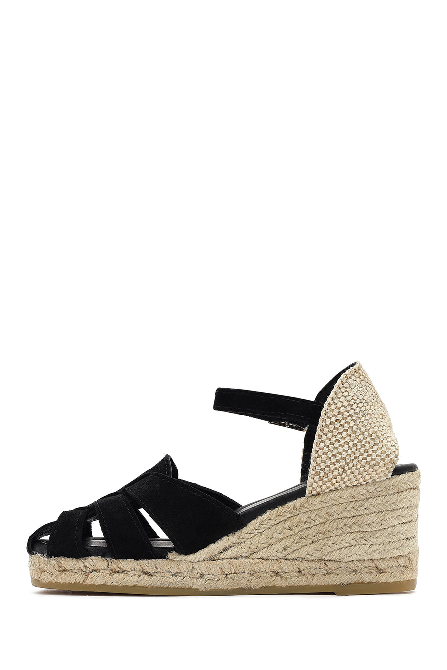 Women's Black Ankle Strap Wedge Heel Suede Leather Espadrille Sandals