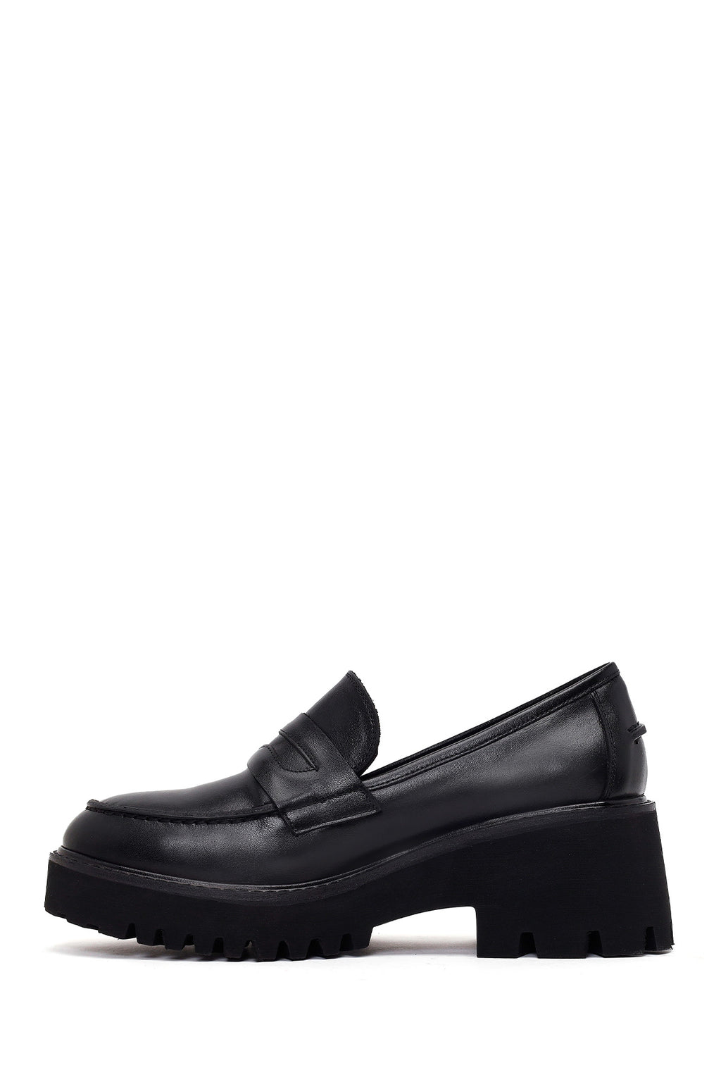 Kadın Siyah Kalın Topuklu Deri Maskülen Loafer