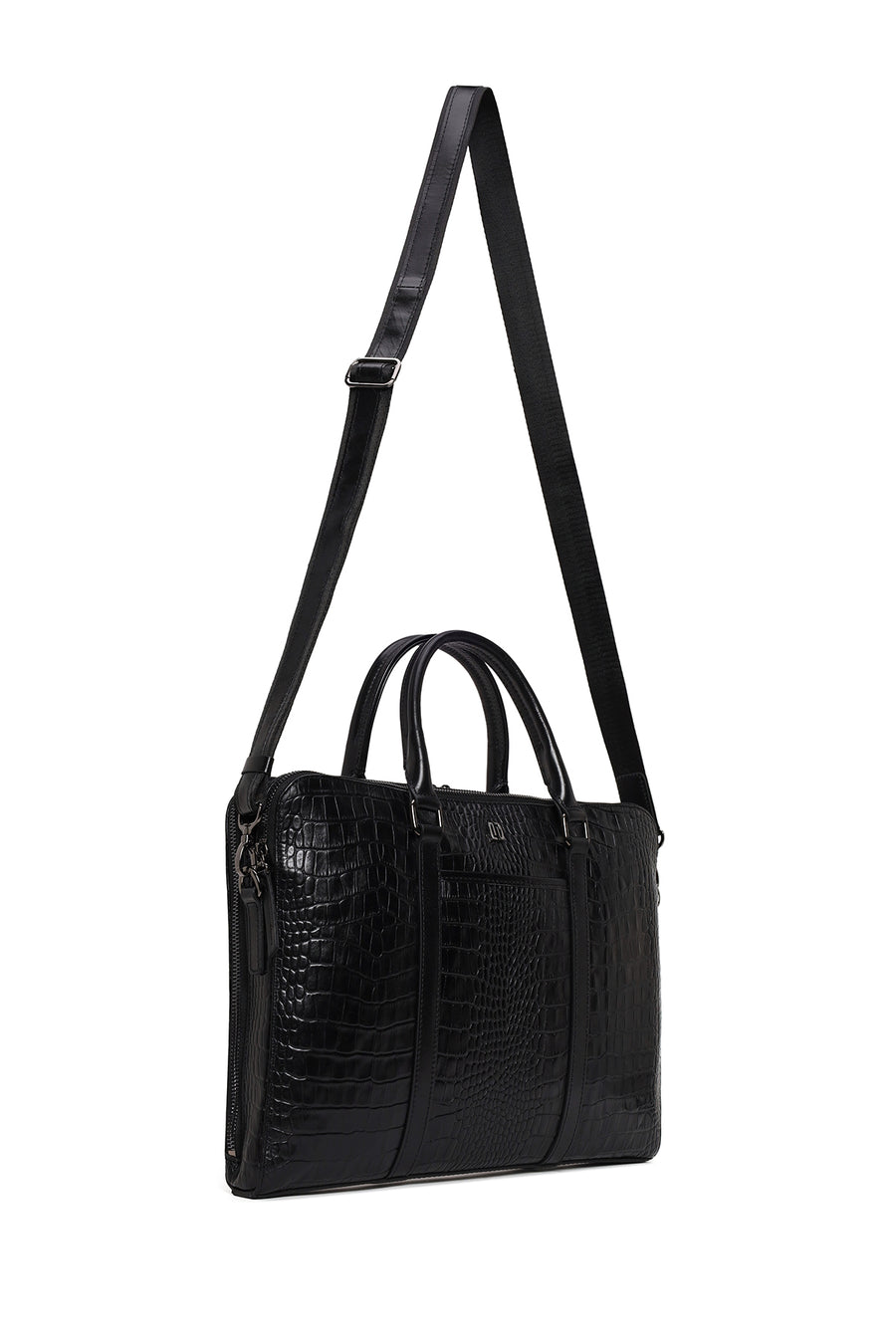 Unisex Black Long Strap Crocodile Pattern Leather Briefcase