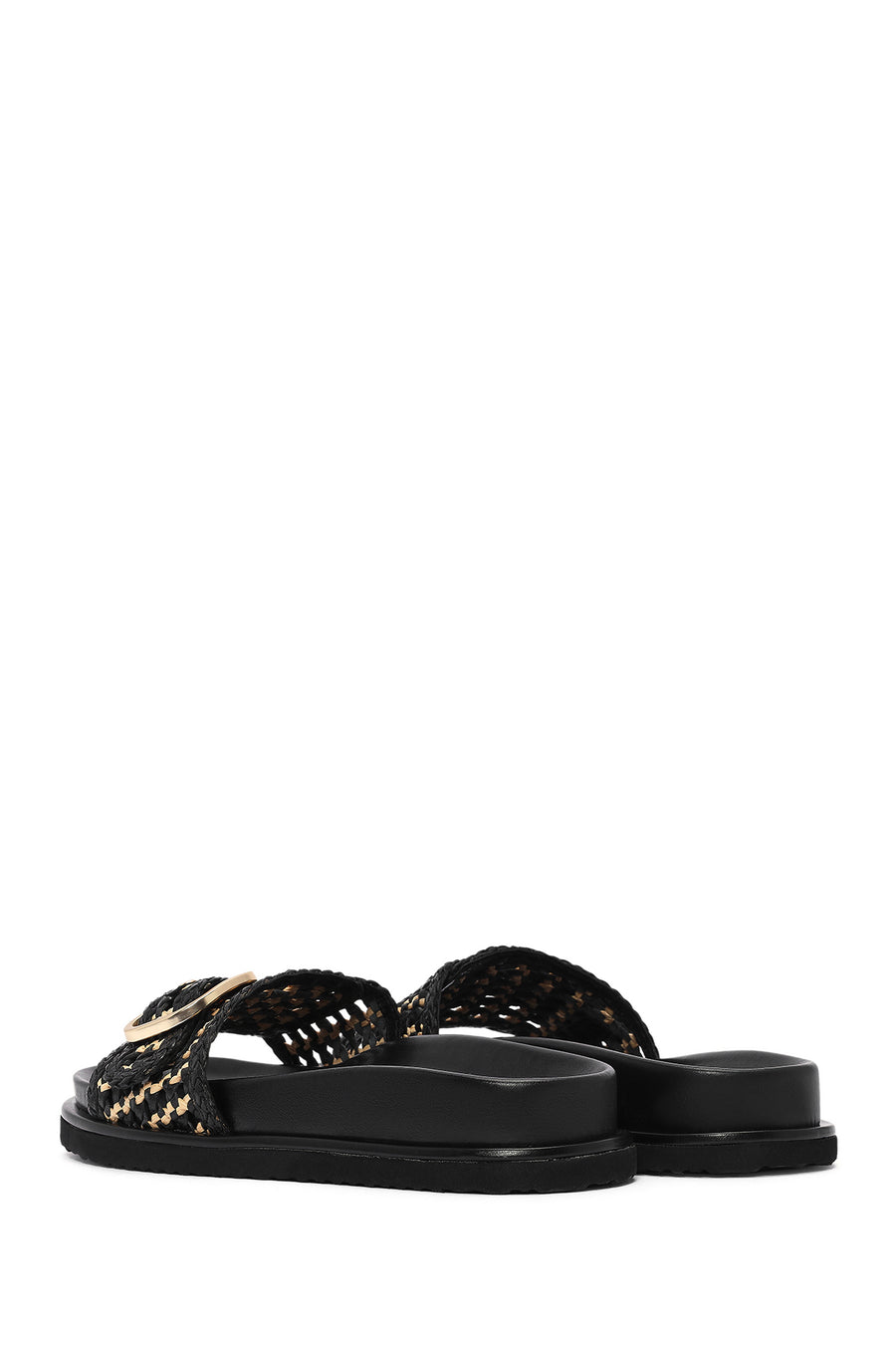 Women's Black Buckled Straw Leather Slippers
