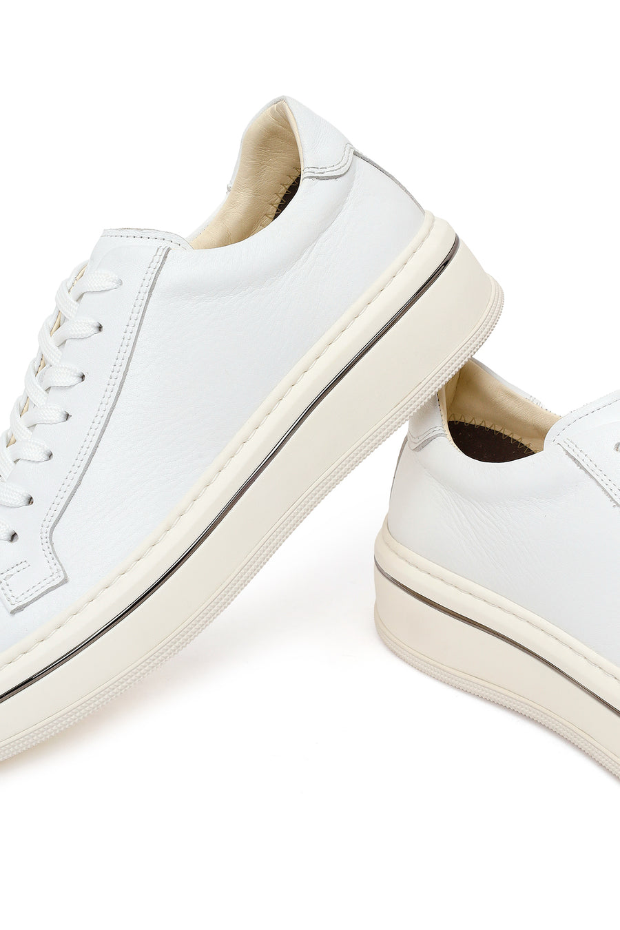 Men's White Lace-up Thick-Sole Leather Sneaker