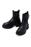 Women's Black Leather Buckle Zippered Thick Soled Leather Boots | Derimod