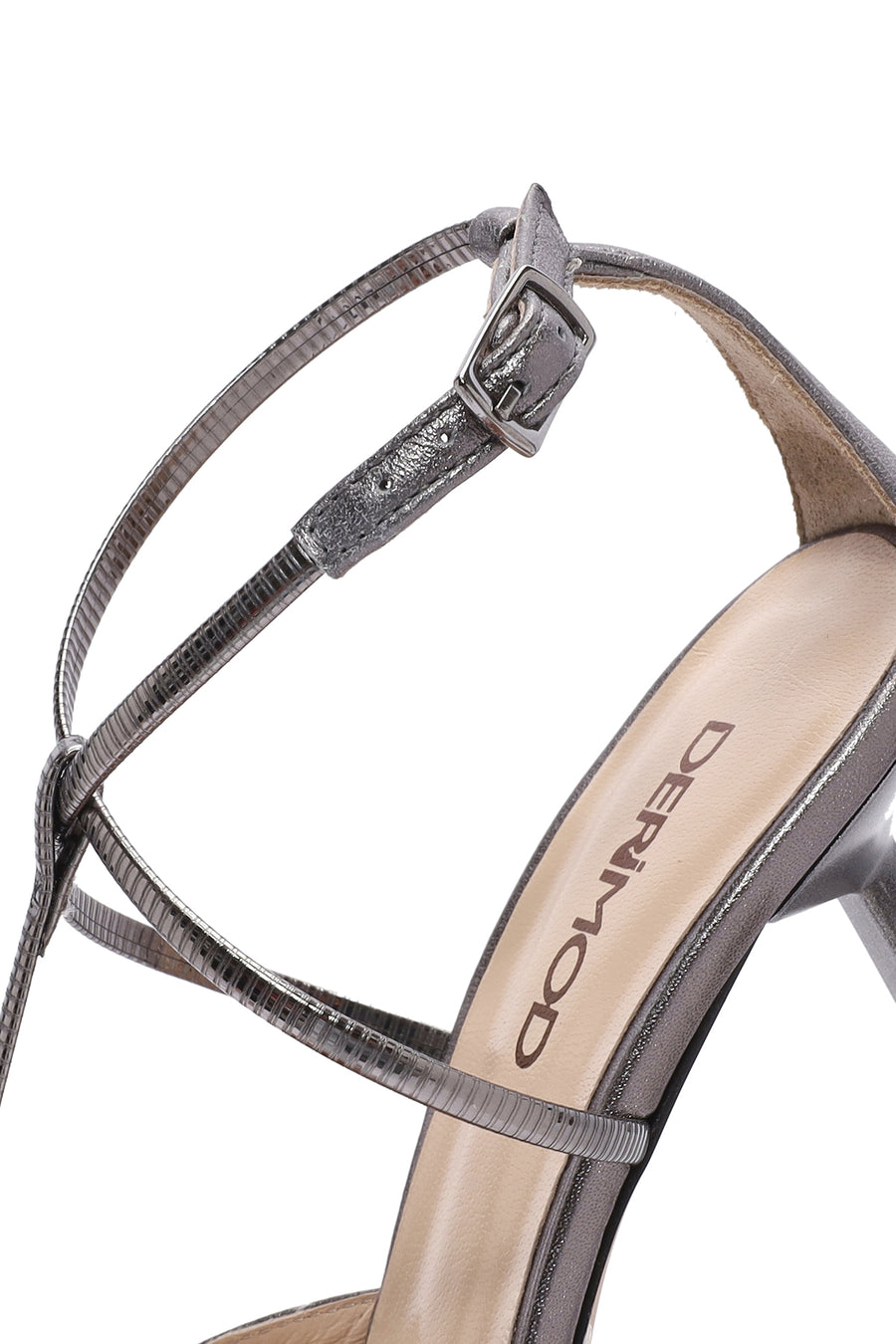 Women's Grey Ankle Strap Thin Heel Metallic Leather Shoes