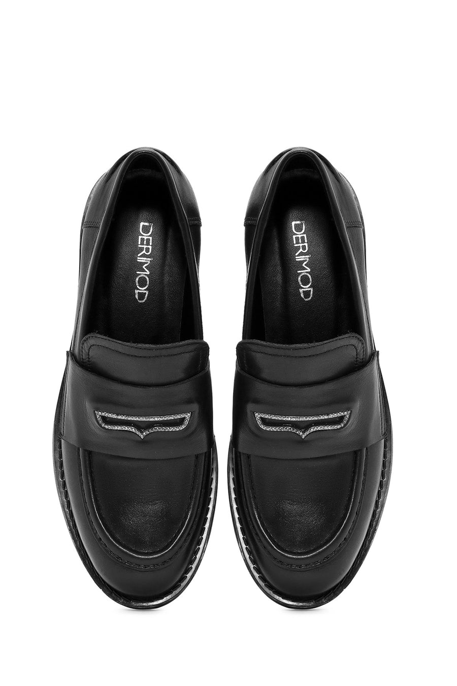 Kadın Siyah Taş Detaylı Deri Maskülen Loafer