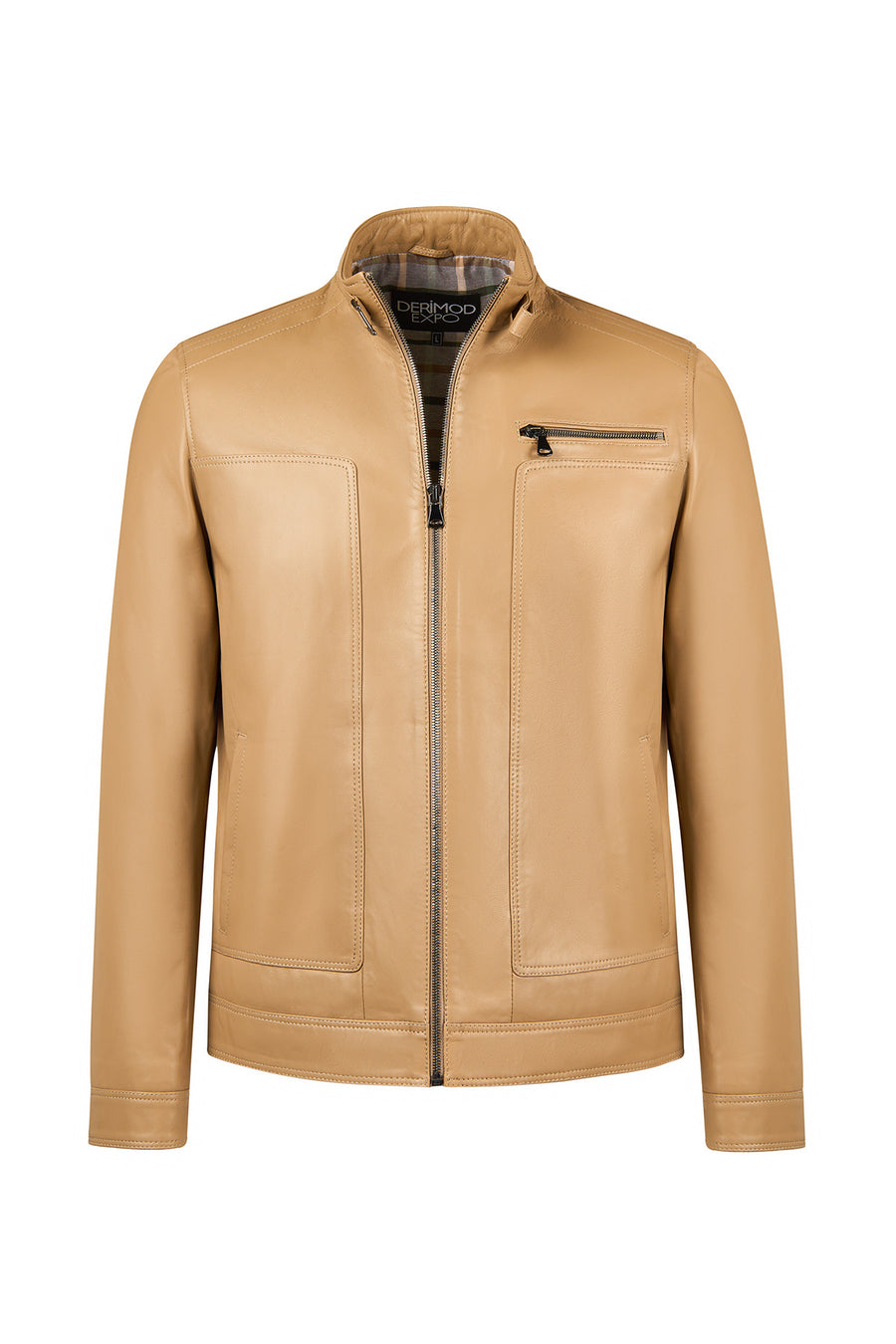 Felibe Male Beige Mandarin Collar Leather Jacket