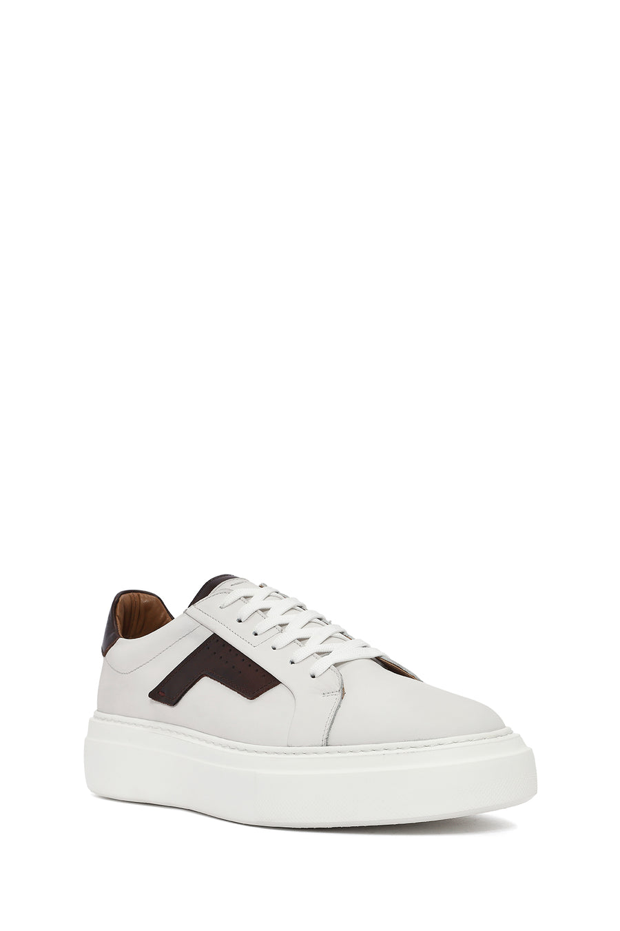 Men's White Lace-up Thick-Sole Leather Sneaker