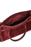 Women's Claret Red Long Strap Suede Leather Handbag | Derimod