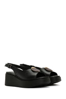 Women's Black Wedge Heeled Leather Sandals with Ankle Strap | Derimod