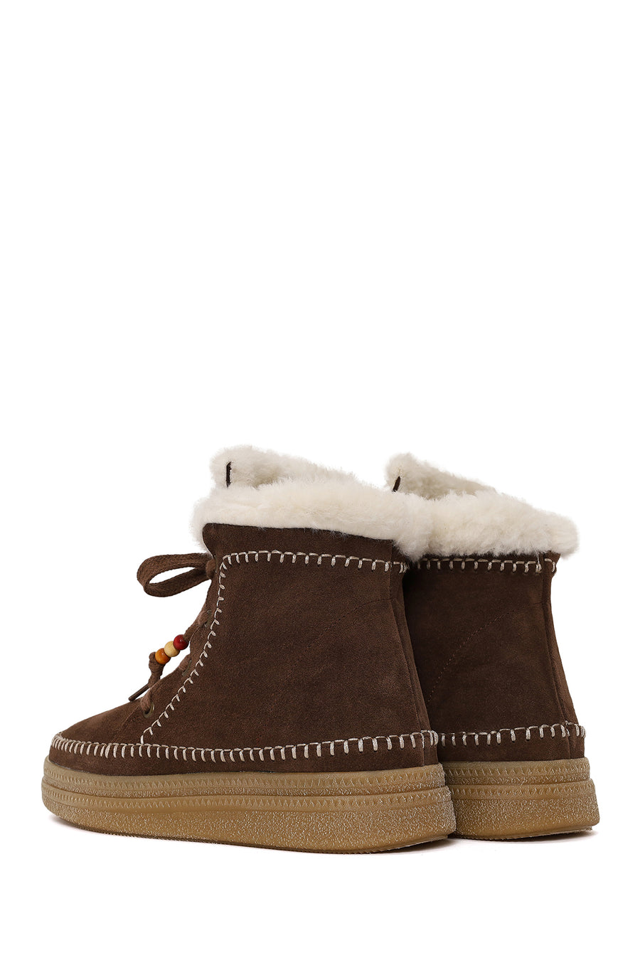 Woman Dark Mink Lace-Up Thick-Soled Suede Teddy Boots