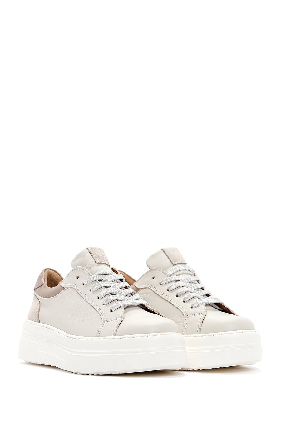 Women's Beige Leather Thick Soled Sneaker