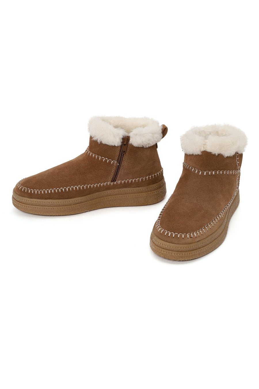 Woman Tan Zip Closure Chunky Sole Suede Teddy Boots