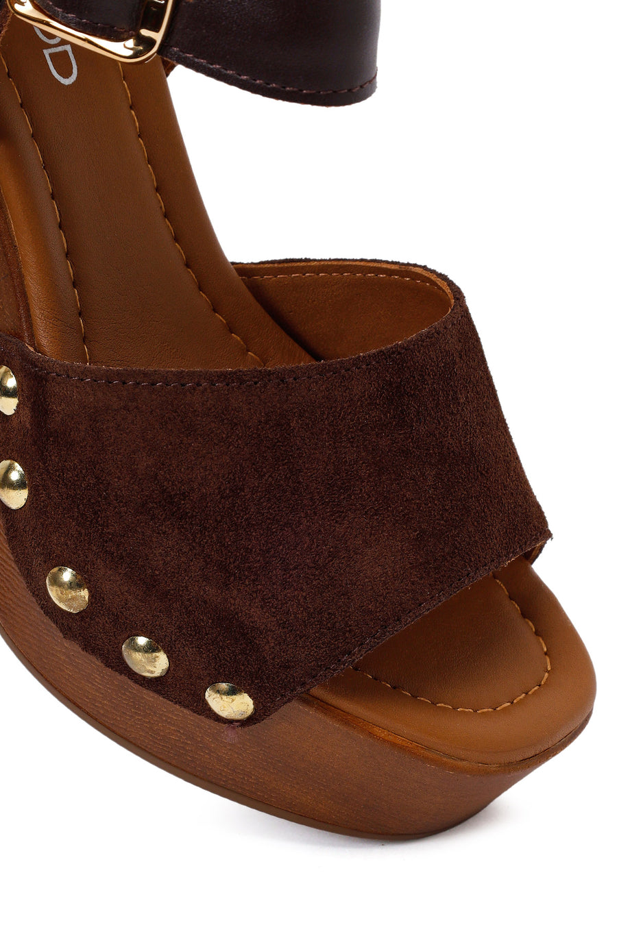 Woman Brown Ankle Buckle Platform High Chunky Heeled Suede Sandal
