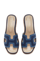 Women's Blue Patterned Leather Slippers | Derimod