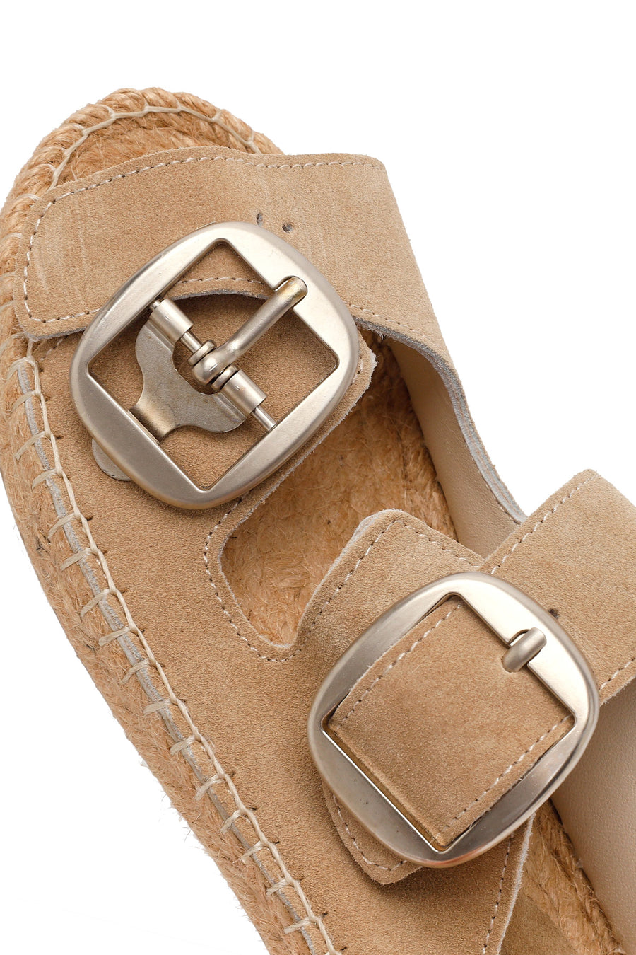 Women's Beige Buckled Suede Leather Espadrille Slippers