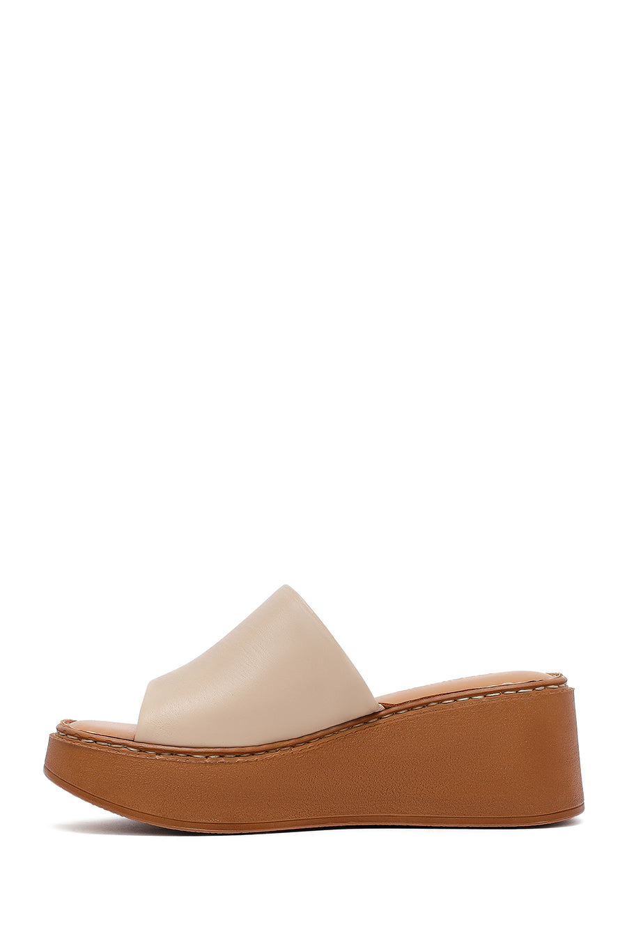 Woman Beige Thick Sole Leather Comfort Slippers