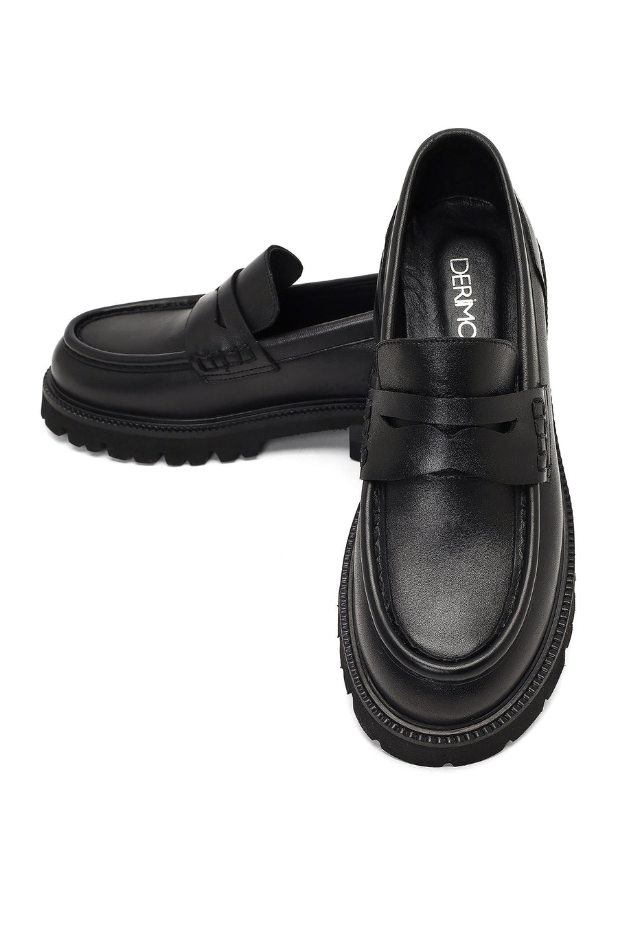 Kadın Siyah Kalın Tabanlı Deri Maskülen Loafer
