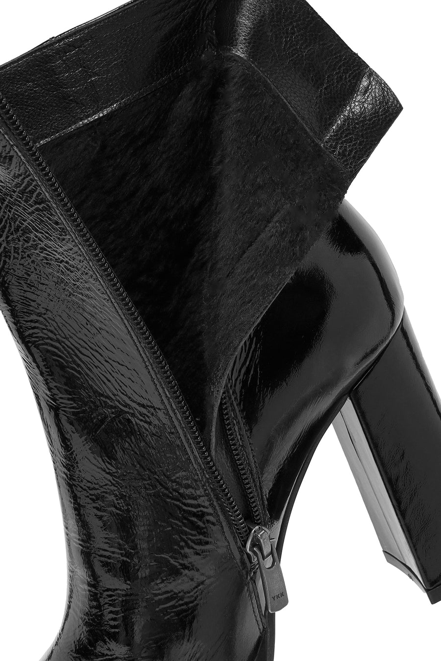 Woman Black Zippered High Thick Heel Patent Leather Leather Boat