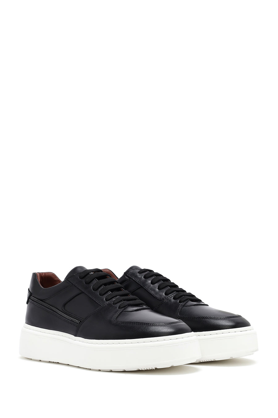 Men's Black Lace-up Thick-Sole Leather Sneaker